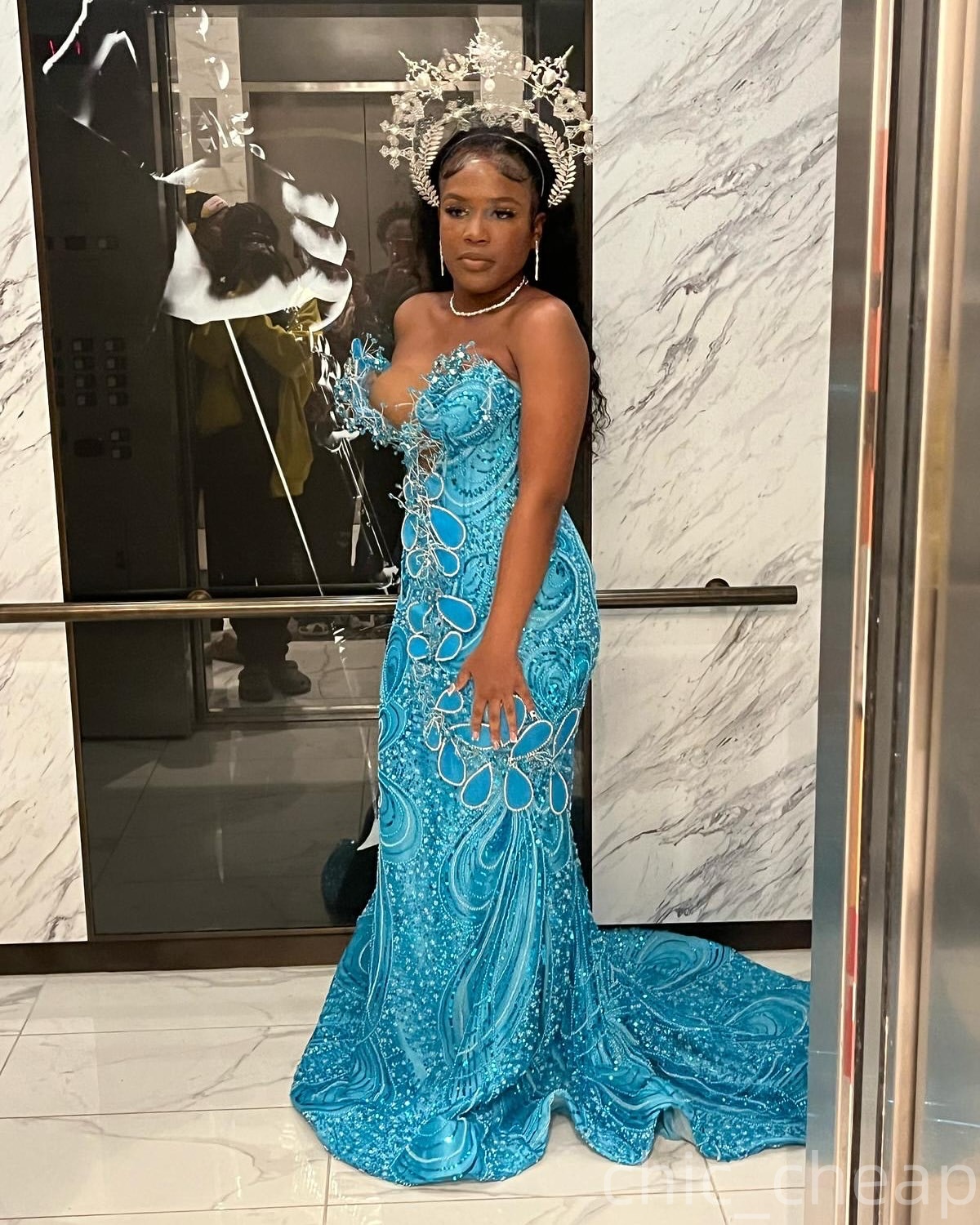 Sky Blue Mermaid Prom Dresses 2025 Florals Crystals Sequined Lace Evening Formal Party Second Birthday Engagement Gowns Plus Size Dress For Special Oc