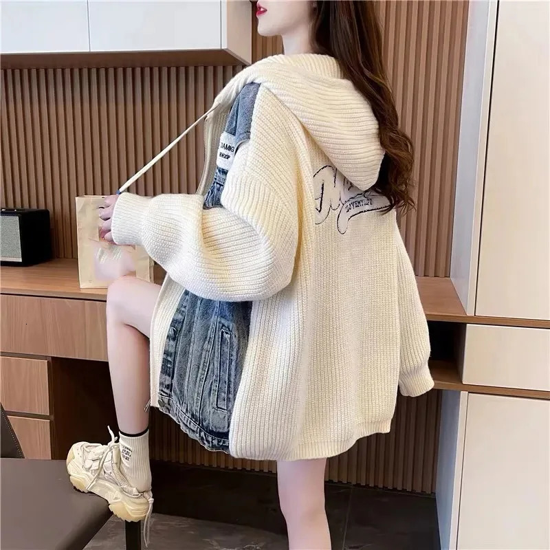 Lazy Wind Ladies Splicing Together Jeans Jacket Autumn Winter Female Loose Hooded Knitted Denim Coat Women Cow Outwear 250930