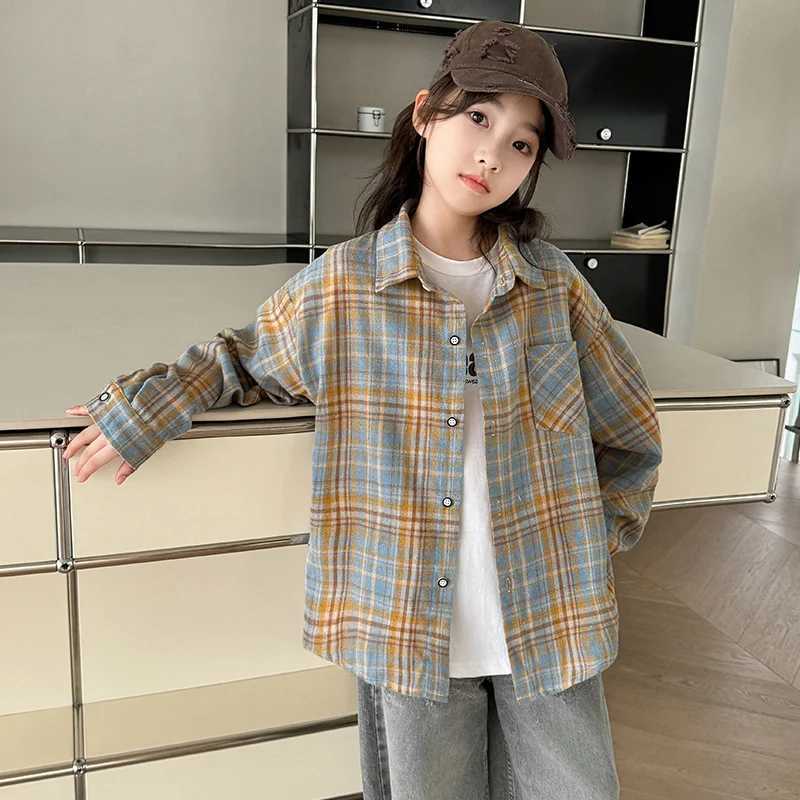 Korean Child Long Sleeve Plaid Blouse For Girls Casual Cotton Shirt with Pocket Teenage School Kids Spring Clothing Outfits C251007