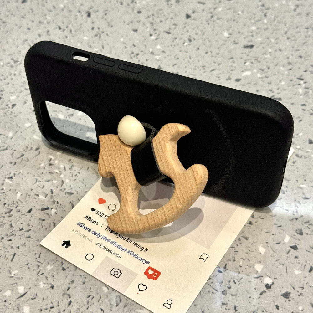 for iPhone 16 Pro Max Case with 3D Wooden Horse Ring Holder Kickstand Leather Touch Comfortable Handcrafted Cover for iPhone phone case