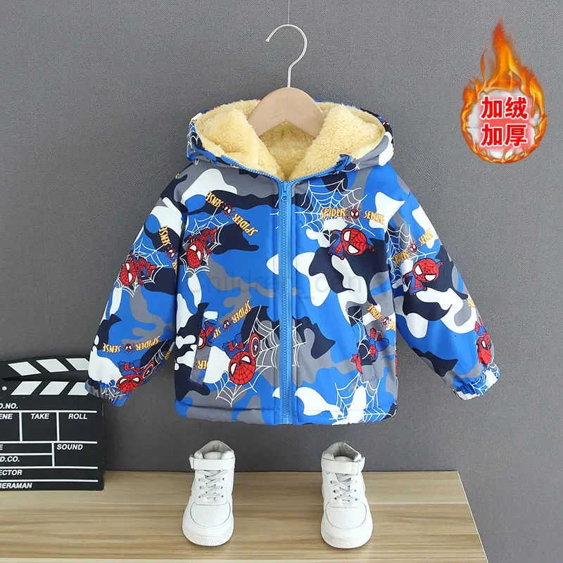 Disney Winter Childrens Parkas Coat Kids Boys Cartoon Spider Man Full Print Hoodie Jacket Toddler Thicken Plush Warm Outerwear Clothes H251007