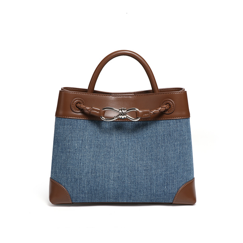 Niche Canvas Patchwork Eight-Character Buckle Metal Bowknot Tote Simple Denim Color-Block Handheld Crossbody Mommy Bag