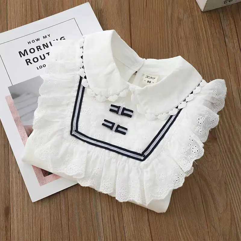 Girls White Tshirt top Autumn Childrens Lapel Shirt Middle And Big Girls Standing Collar Lace Longsleeved Bottom Shirt C251007