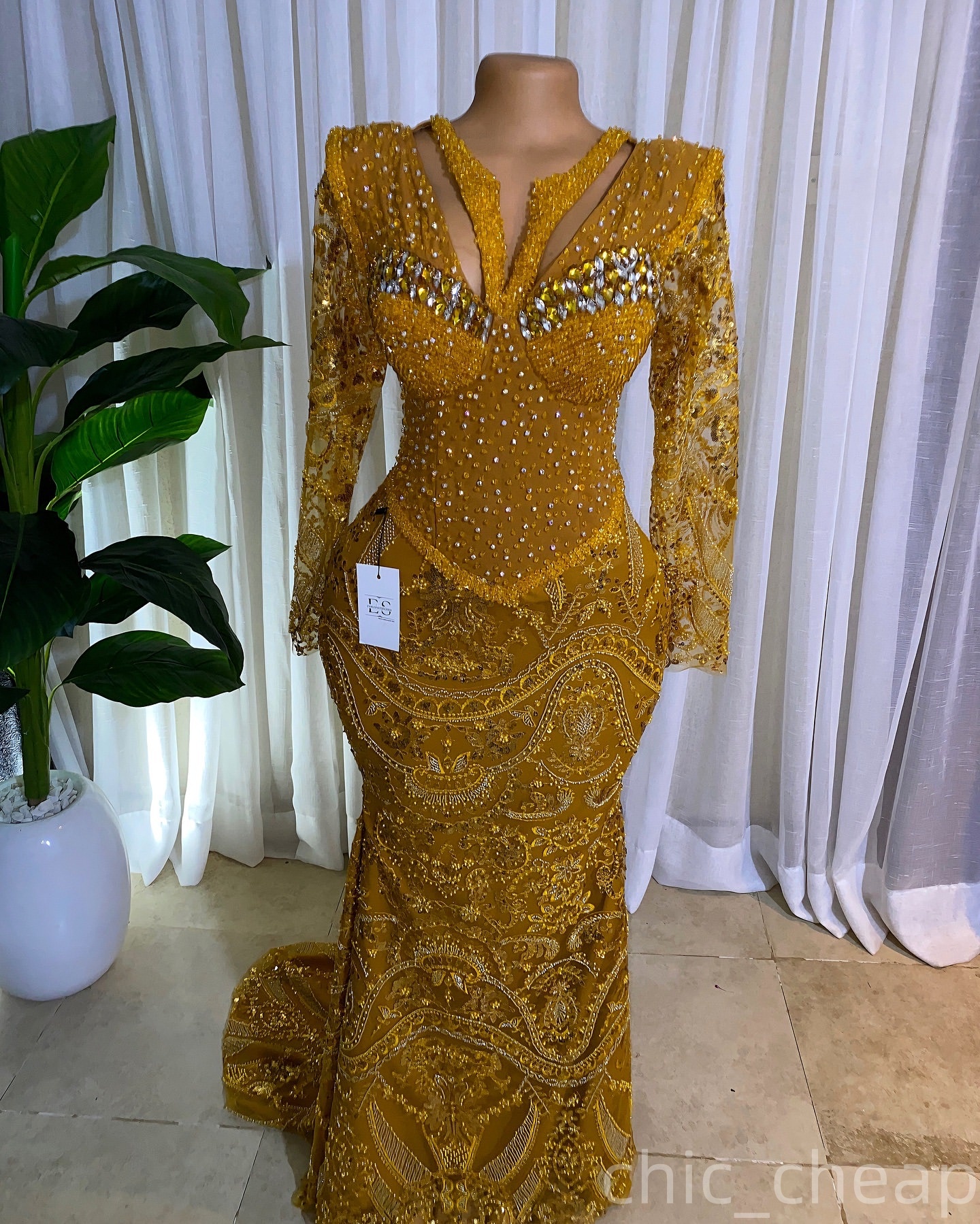 Gold Mermaid Prom Dresses 2025 Lace Crystals V-neck Full Sleeves Evening Formal Party Second Birthday Engagement Gowns Plus Size Dress For Special Occ