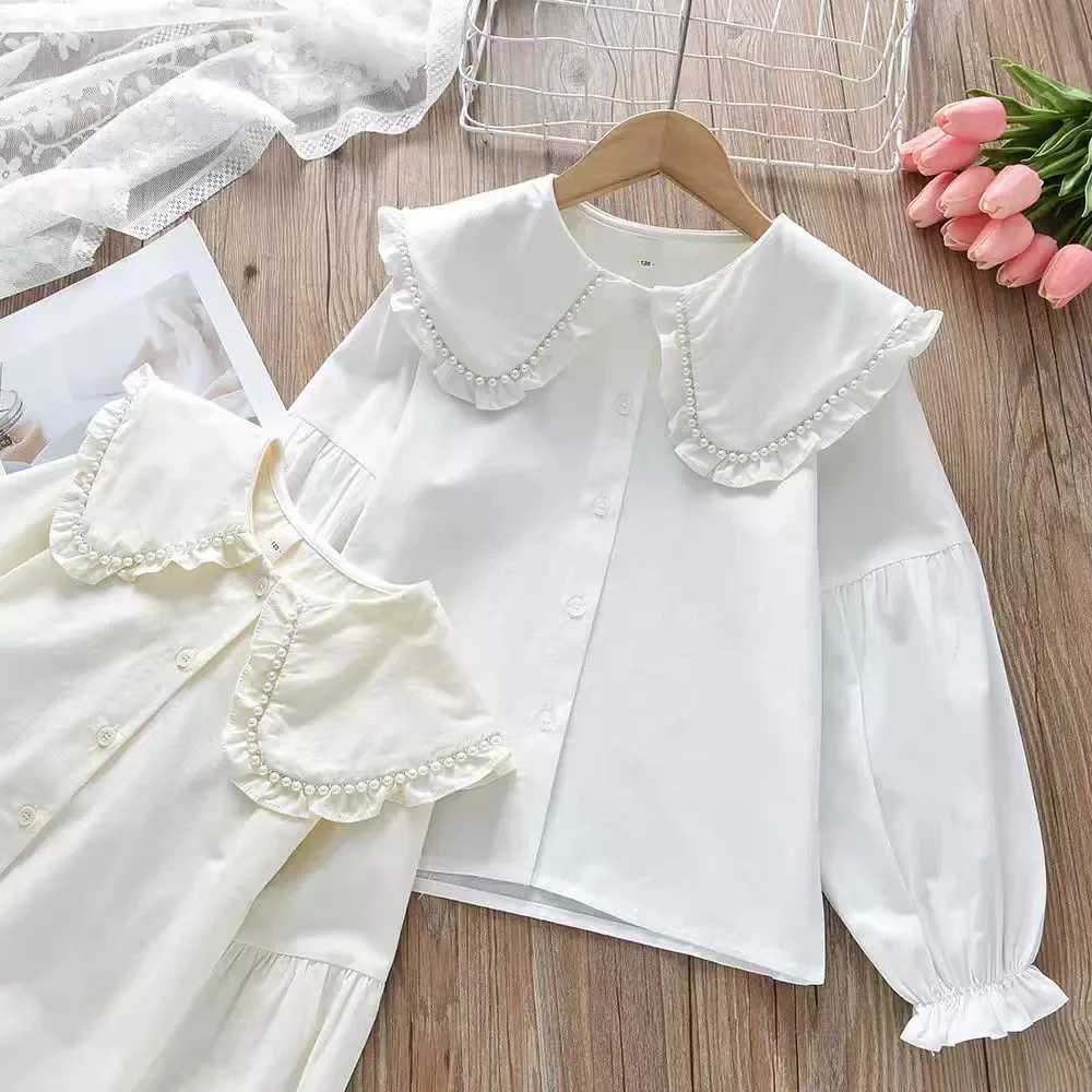 Girls Long Sleeved Shirt 2025 New Spring Girls Autumn Style Childrens Turn Down Collar Baby Girls Shirt Lace White Blouse C251007