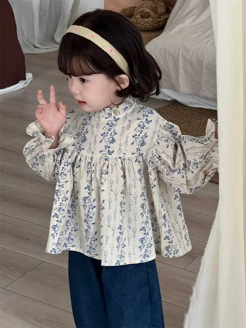 Broken Flower Shirt Spring and Autumn New Korean Fashion Broken Flower Lace Collar Bubble Sleeve Shirt Girls Clothes C251007