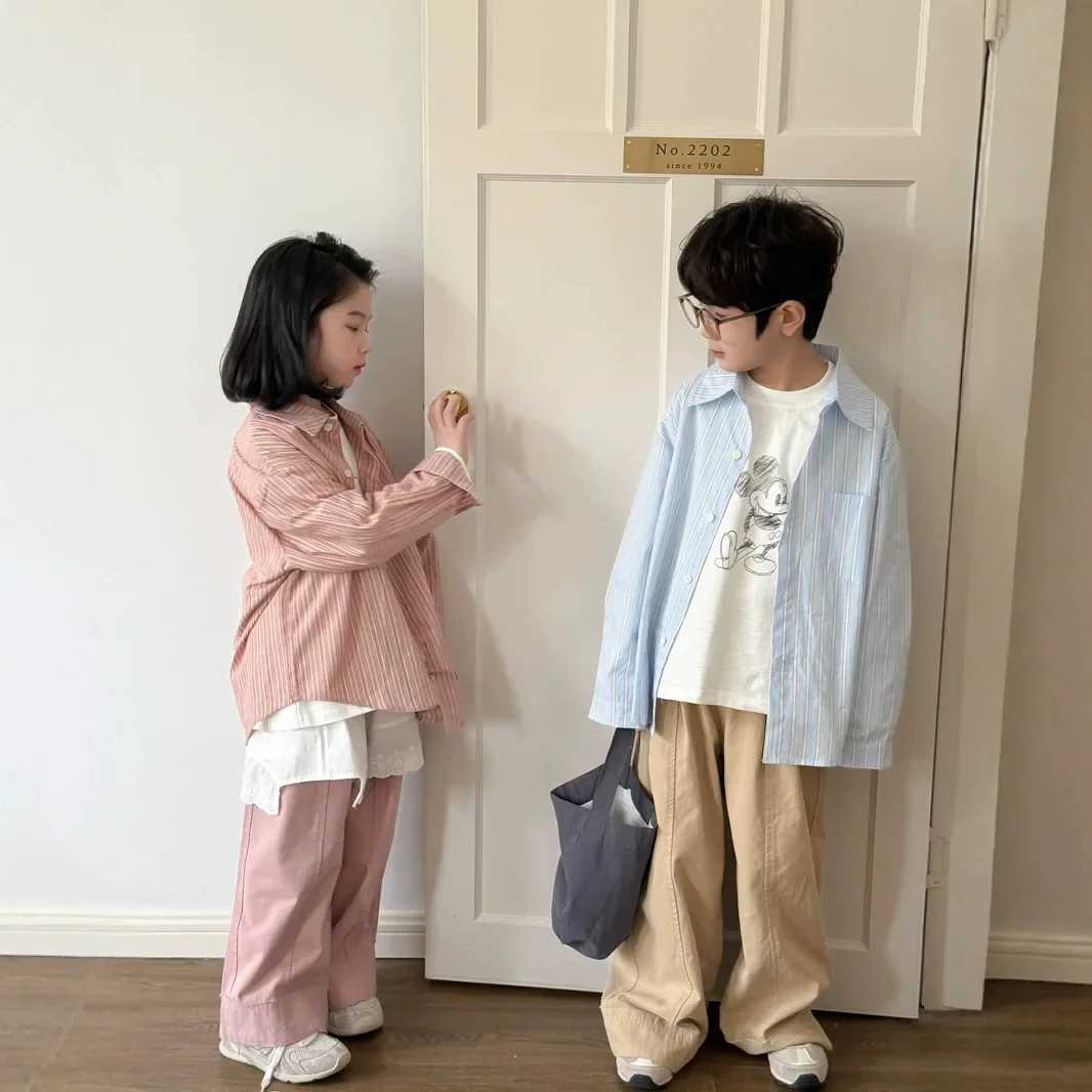 Childrens Shirt 2025 Spring New Korean Fashion Casual Vertical Stripe Collar Long Sleeve Shirt Kids Clothes C251007