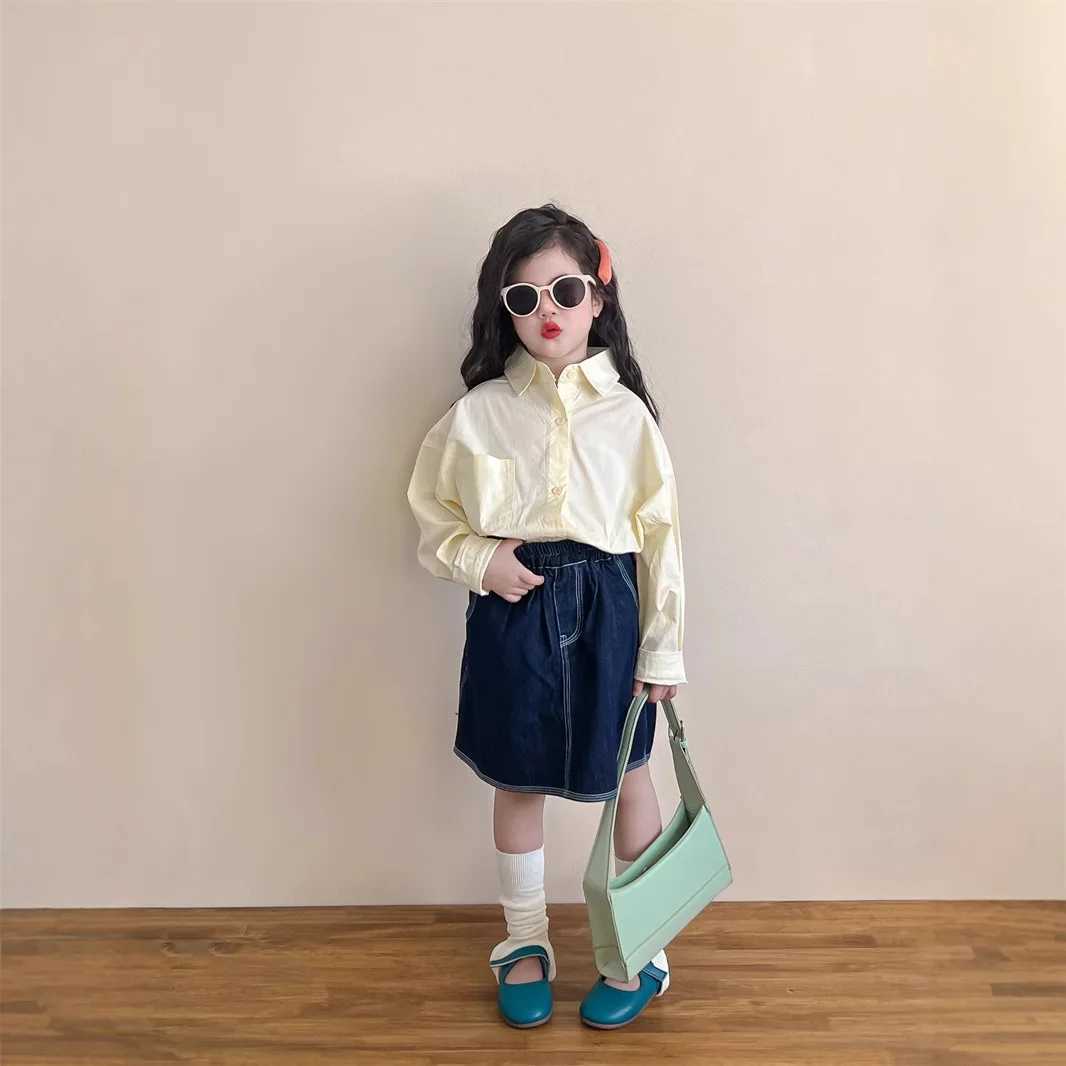 Japanese casual boys girls spring and autumn light yellow cotton puppy embroidered arc pendulum longsleeved fashionable shirt C251007