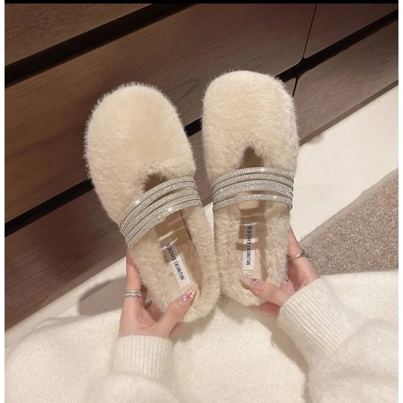 Winter Fashion Shining Rhinestone Women Fur Slippers Fluffy Fur Outward Soft Flat Shoes Elegant Womens Party Dress Mule Shoes 250923