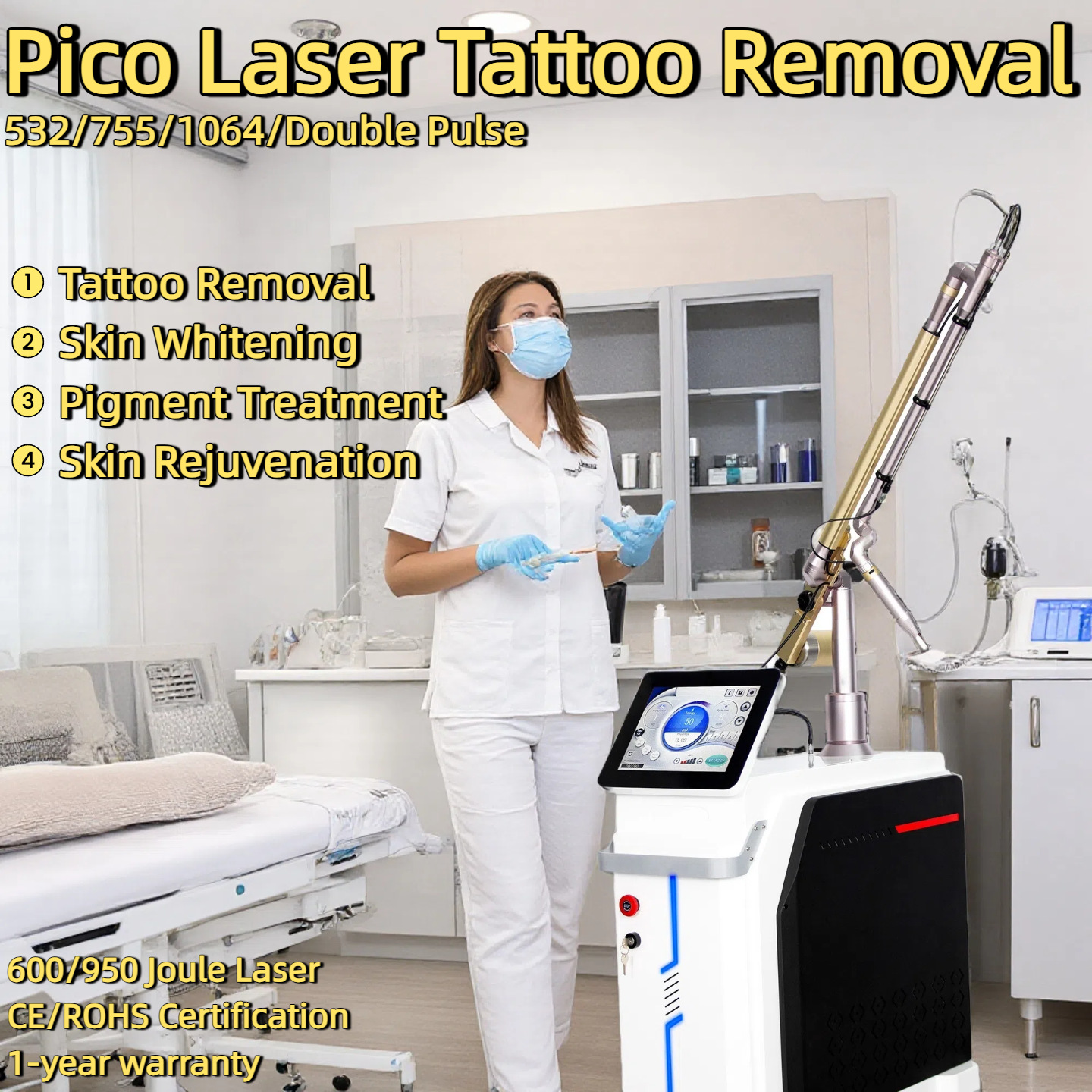 Professional Q-Switched Picosecond laser Machine 532/755/1064/Double Pulse Tattoo Removal Machine Skin Whitening Pigment Treatment Skin Rejuvenation E