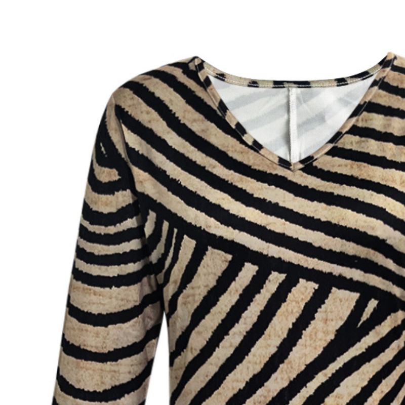 Womens Striped Print V-neck Midi Dress Breathable Milk Silk Fabric for Summertime-CF50693