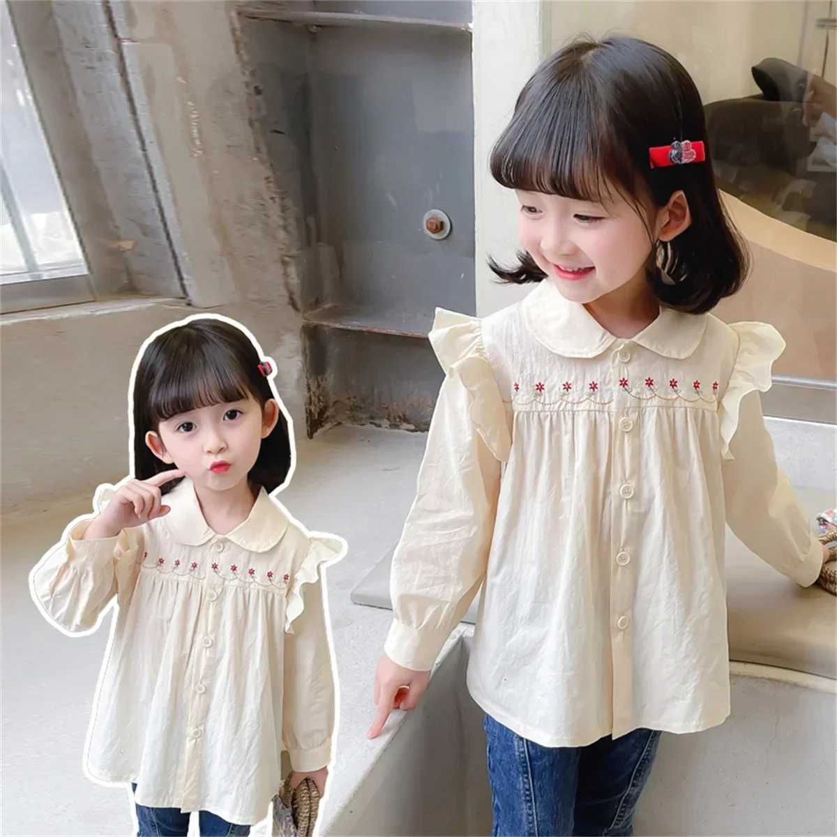 Girls 05 years old Autumn New Girls Shirts Lace Pleated Flowers Decorated Doll Collar Blouse C251007