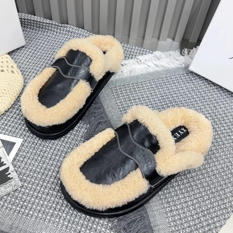 Winter Casual Fashion Womens Shoes Lamb Velvet Thicksoled Baotou Slippers Womens Flatsoled Warm Mules Zapatos De Mujer 250923