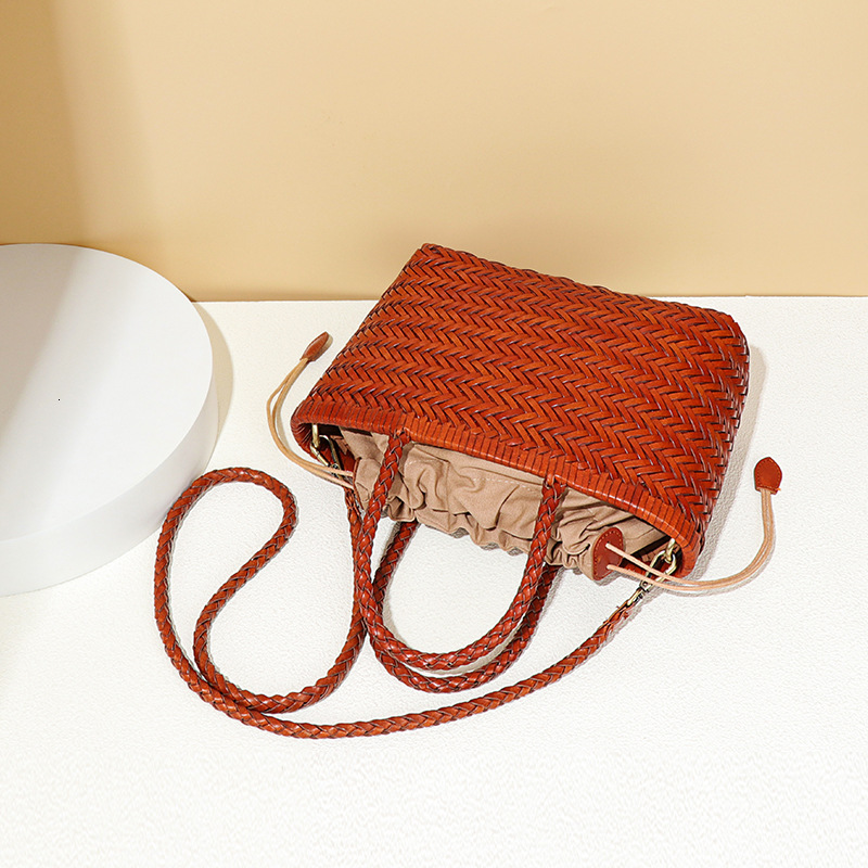 INS Soft Genuine Leather Women's Handbag French Style Basket First Layer Cowhide Handmade Rattan Woven Bag