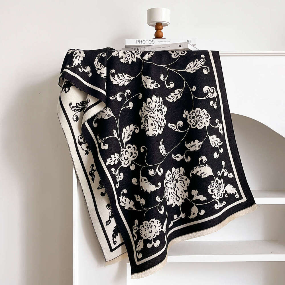 2025 Korean Version Iris Jacquard Mid-Length Thickened Double-Sided Imitation Cashmere Autumn Winter Decorative Shawl Warm and Cold-Resistant for Wome