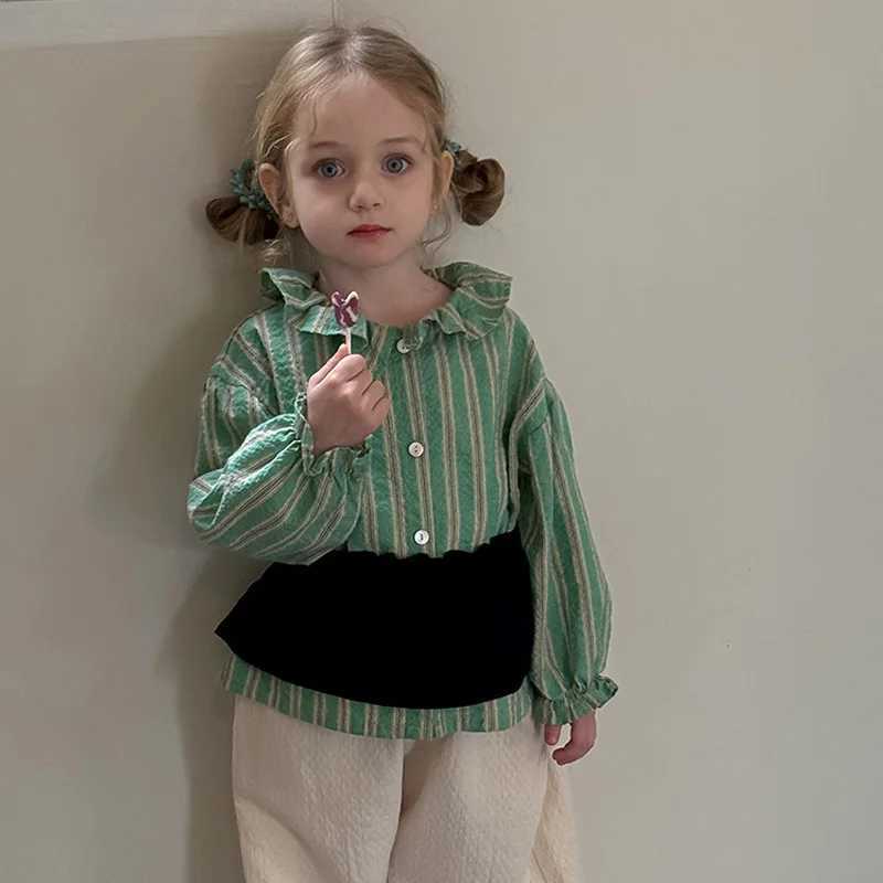 Retro Fashion Girl Blouse2025 New Green Striped Childrens Shirt Top Cotton Girls Shirt Boutique Childrens Clothing C251007