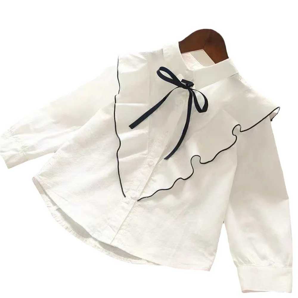 2024 Girls White Shirt for Kids Spring Autumn Korean Fashion Children LongSleeved Cute Bow TShirt Cotton Casual Top Clothes C251007