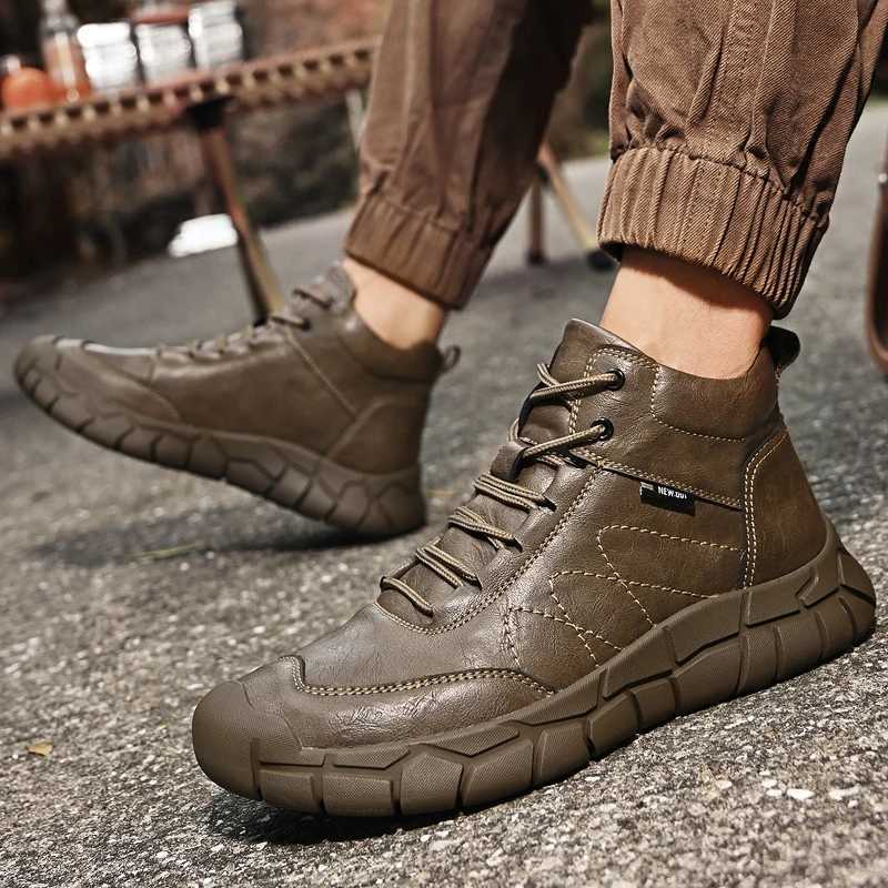 New Mens Retro Leather Hiking Boots Non slip Thick Sole Warm Lined PlushFleece for Outdoor Camping Trekking Autumn Winter J251007