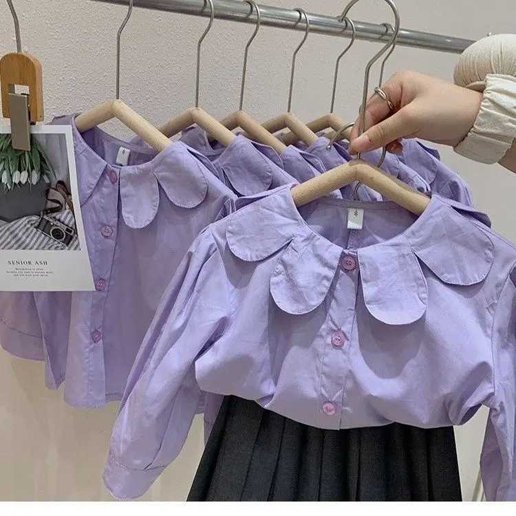 2023 Baby Girls Purple Shirts Blouses Fashion Kids Girl Petals Collar Spring Autumn Tops Children Birthday Princess Clothes C251007