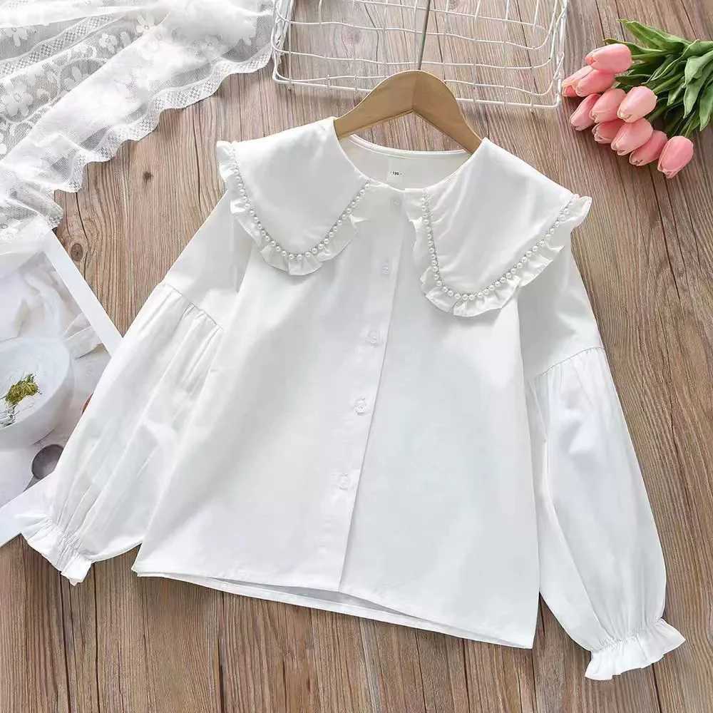 Girls Long Sleeved Shirt 2025 New Spring Girls Autumn Style Childrens Turn Down Collar Baby Girls Shirt Lace White Blouse C251007
