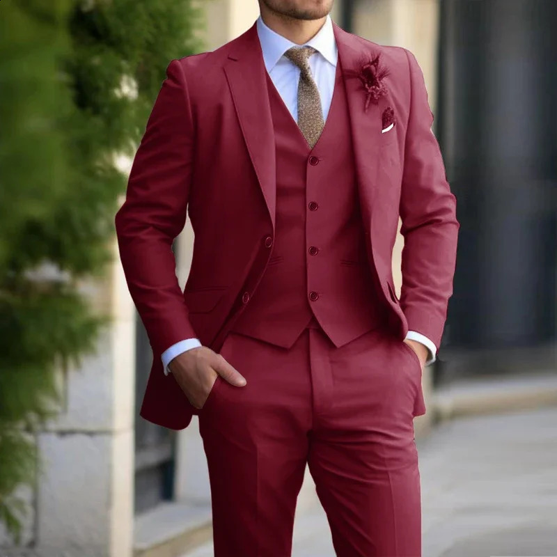 3 Pieces Beige Suits for Men Fashion Slim Fit Blazer Vest Pants Set Formal Business Wedding Tuxedos Casual Clothing y250922