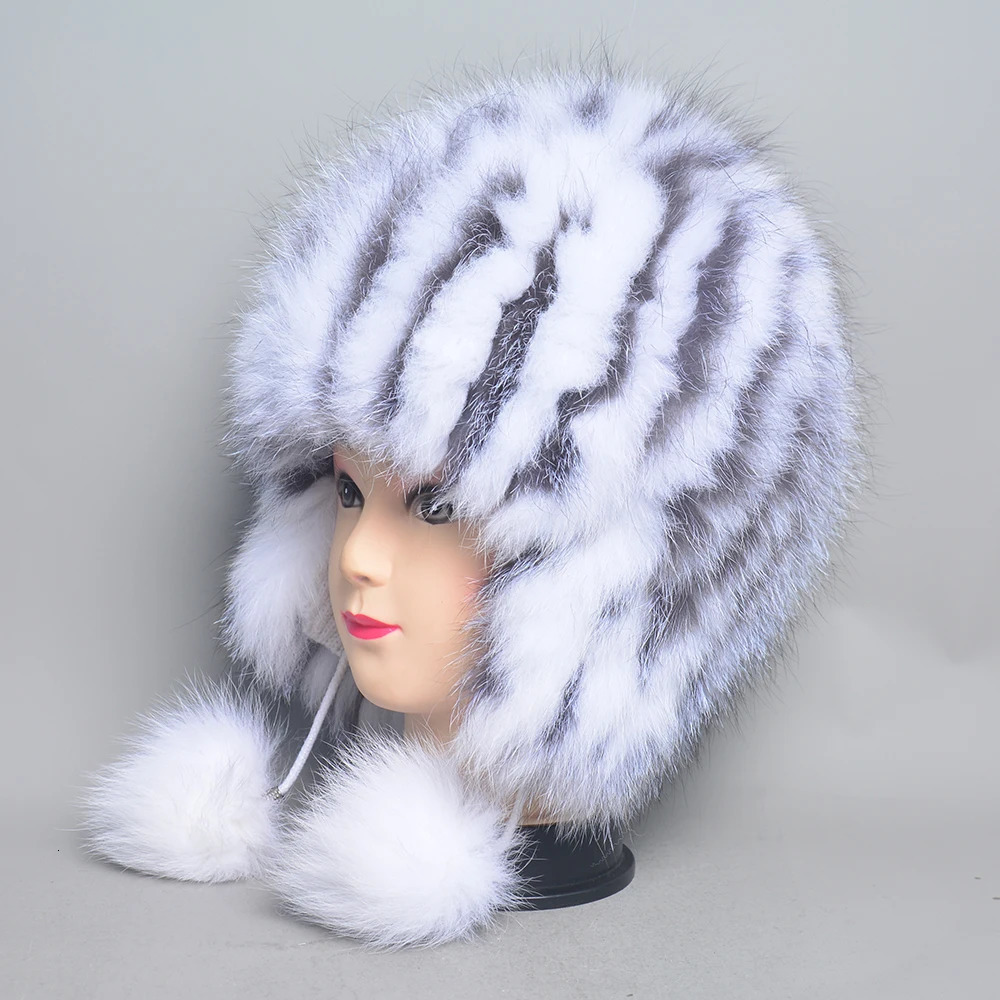 100 Natural Silver Fox Fur Women Winter Hat Knitted Cap Women Hat Fox Fur Bomber Hat Female Ear Warm Winter Must 250929