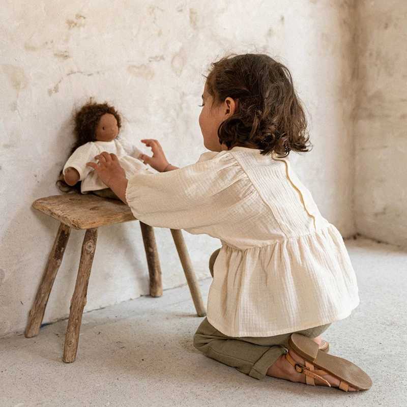 Autumn New Casual Large 34 Sleeves Girls Blouse 100 Organic Cotton Double Gauze Childrens Solid Loose Ruffle Tops TZ187 C251007