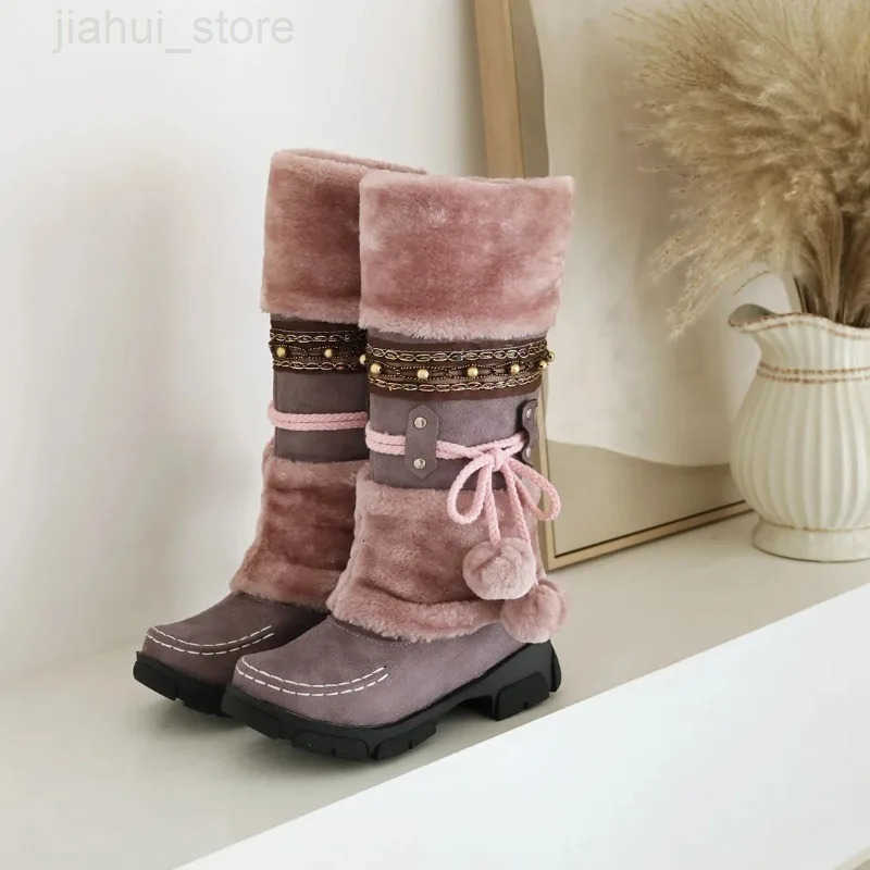 Winter Warm Mid Calf Womens Retro Snow Boots Vintage Ethnic Stylish Handmade Weaving Fuzzy Ball Decor Chunky Heeled Booties M251007