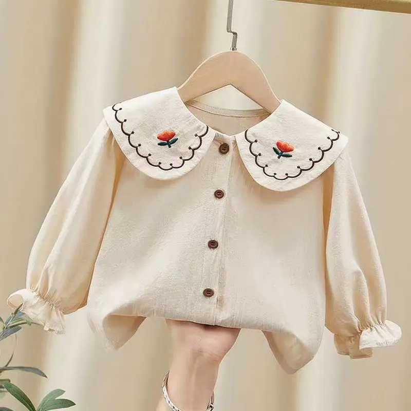 Spring Autumn Blouses Girls New Collar Cotton Long Sleeved Shirts White Shirt Korean Girls Childrens Top Childrens Clothing C251007