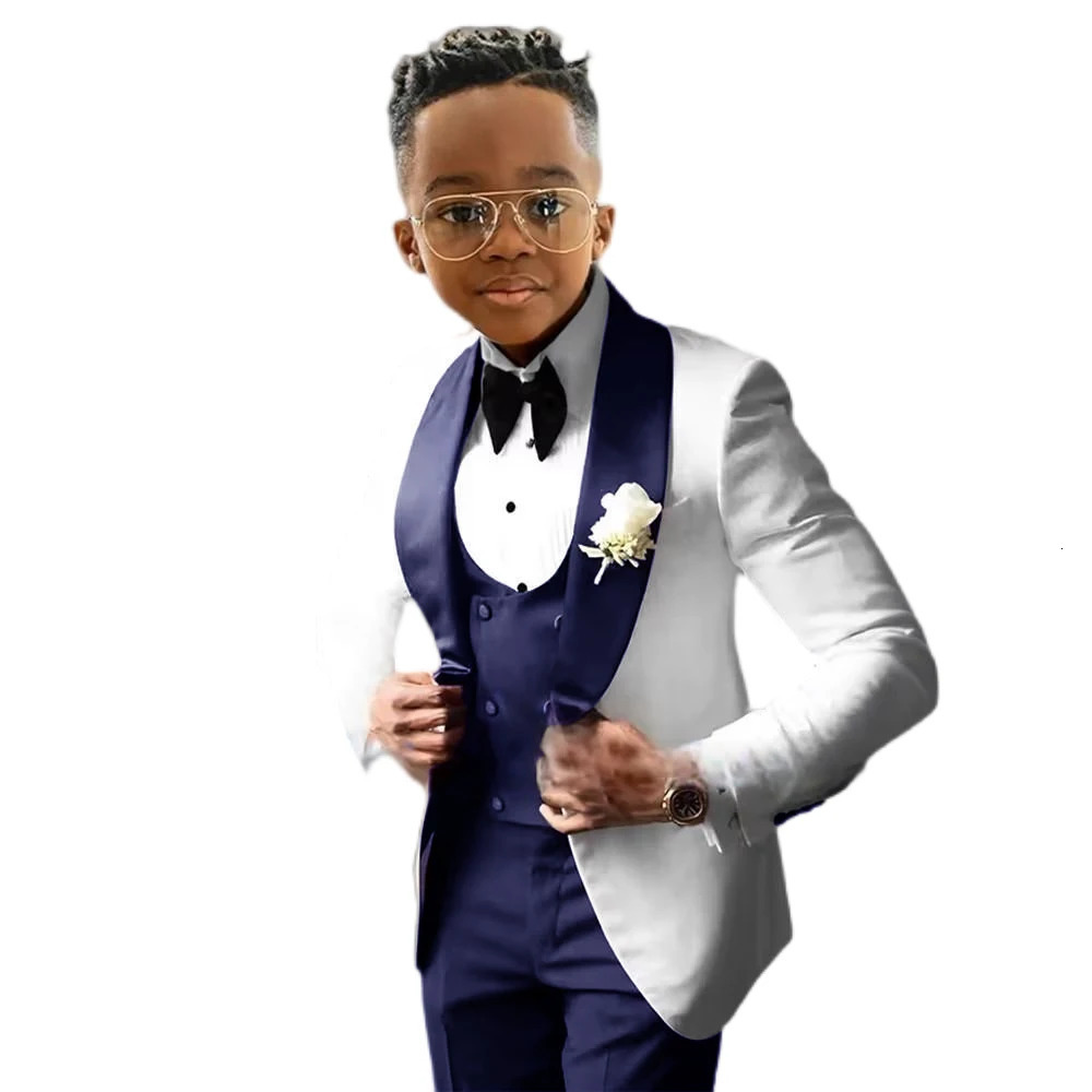 Suit for Boys Wedding Tuxedo 3 Piece White Jacket Royal Blue Pants Vest Kids Blazer Set Slim Fit Tailored Outfit 250922