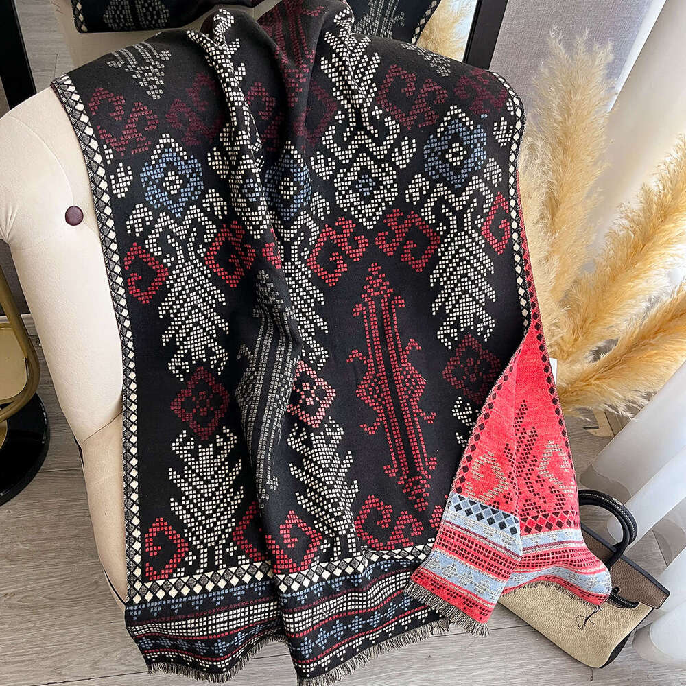 Scarf for Women Winter Imitation Cashmere Warm Embroidered Shawl Middle-aged Ethnic Style Cape Neck Warmer Unique Outerwear 43e