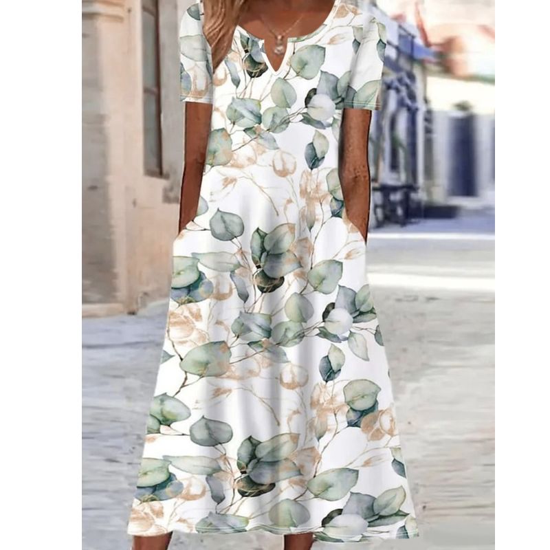 Women's Floral Print Midi Dress - Elegant Casual Short Sleeve Milk Silk Dress for Vacation-CF52970