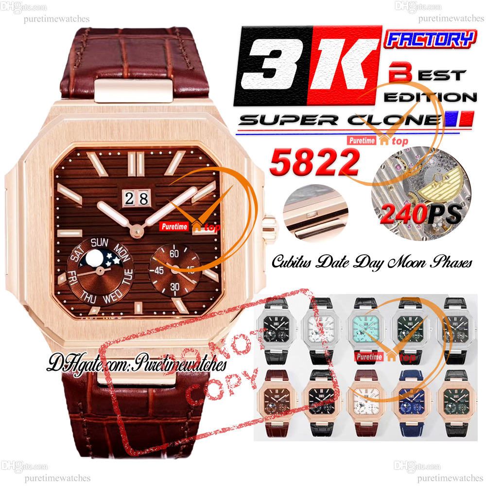 Cubitus 5822 Date Day Moon Phases A240 Automatic Mens Watch 3KF 45mm Rose Gold Brown Textured Stick Dial Brown Leather Strap CHS Puretimewatches Reloj Hombre B04