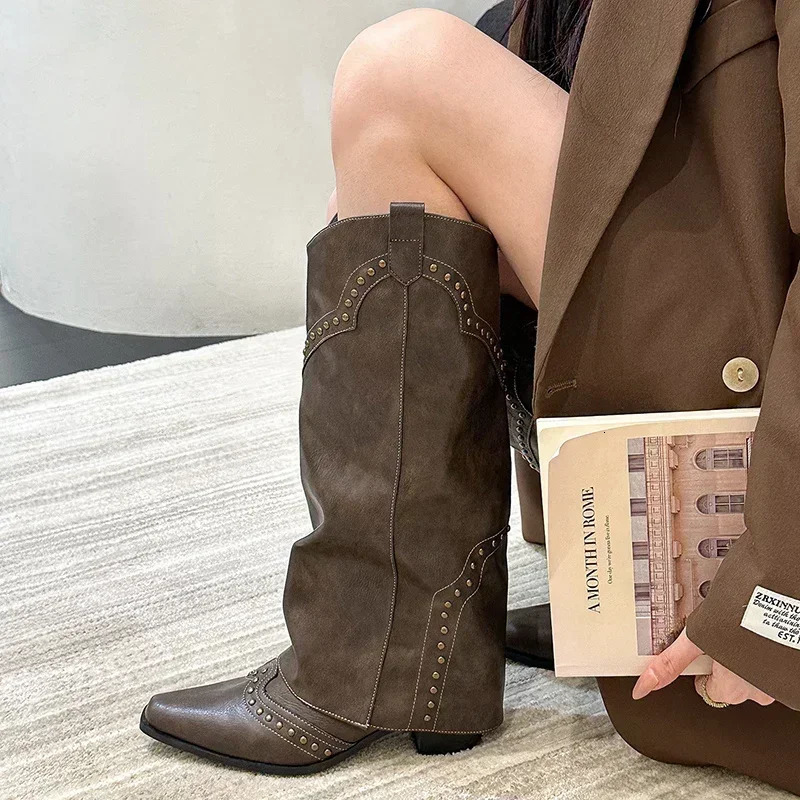 Woman Cowgirl Boots Fashion Slip On Ladies Elegant Square Heel Long Pipe Boots Shoes Retro Womens Winter Footwear 250930