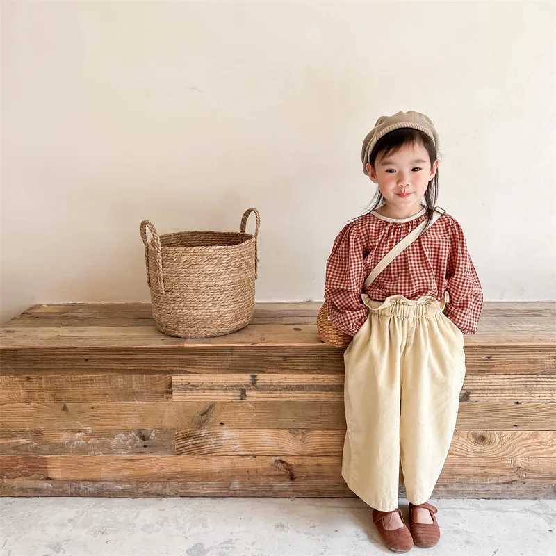 Girls 2025 Spring and Autumn New Korean Casual Allmatch Fashion Cotton and Hemp Plaid Long Sleeve Shirt C251007