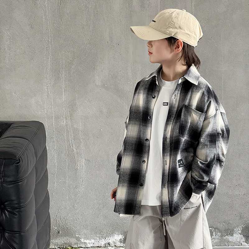 2025 Autumn Children Long Sleeve Plaid Shirt for Teenage Boys Classic Design Loose Casual Blouse Kids Cotton Clothing Age 314Y C251007