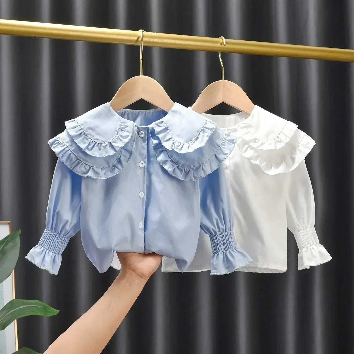 Baby Girls Blouses Kids White Blue Shirts 2025 Spring Autumn Doll Collar Tops 1 To 6Yrs Childrens Korean Style Clothing C251007