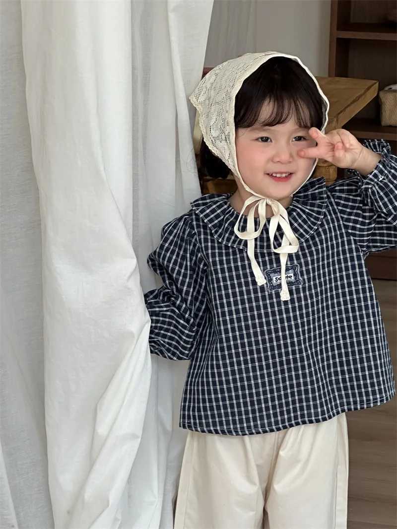 2025 Autumn New Children Label Blue Grid Shirt Fashion Children Clothing Girls Long Sleeve Versatile Top C251007