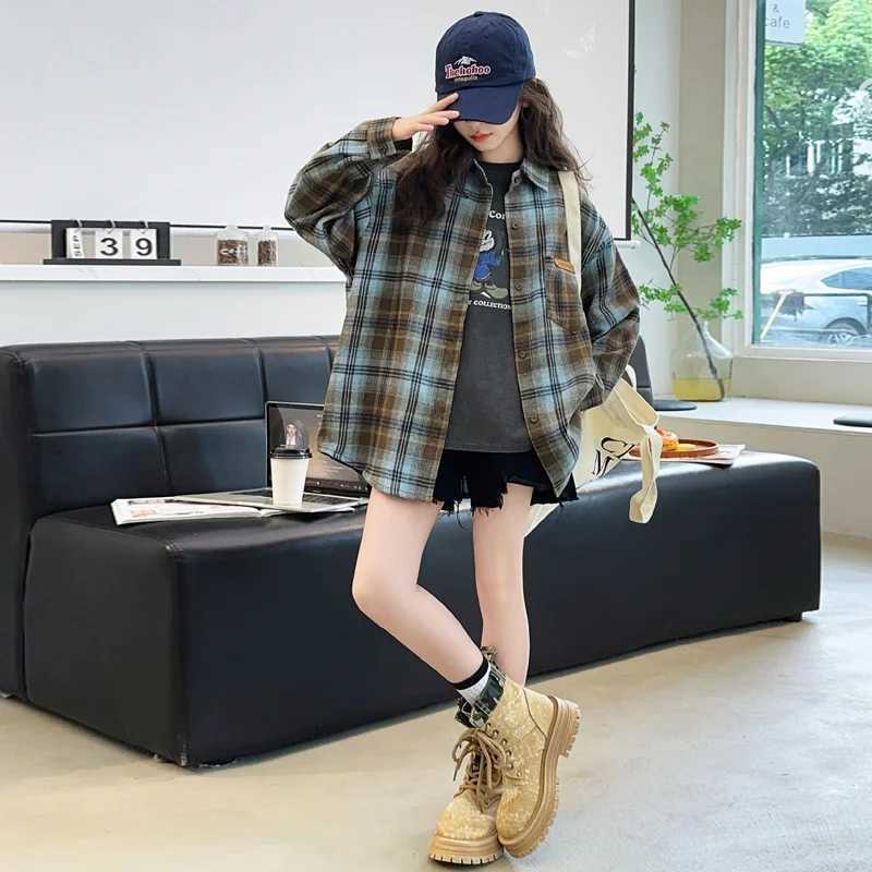 Korean Kids Autumn Long Sleeve Plaid Blouse for Girls Outfit Clothing Tops Children Baby Clothes School Uniform Shirt Outerwear C251007