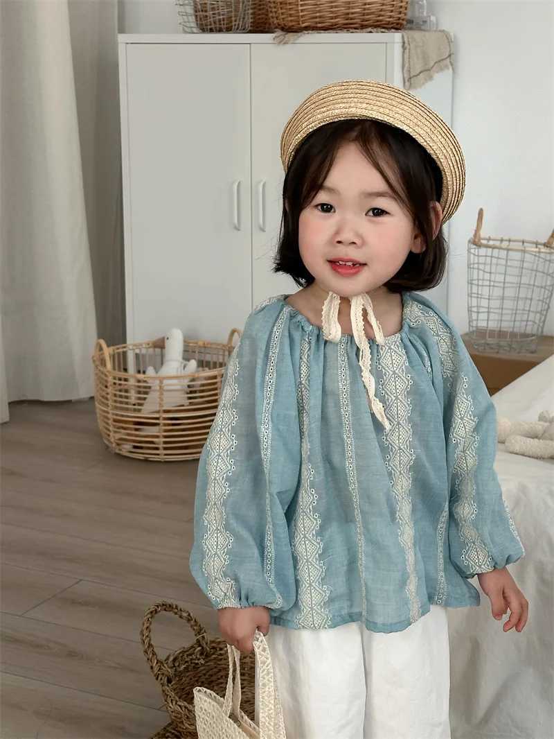 2024 Spring New Products Girls Embroidered Solid Color Shirt Korean Version Childrens Foreign Style Fresh Crew Neck Top C251007