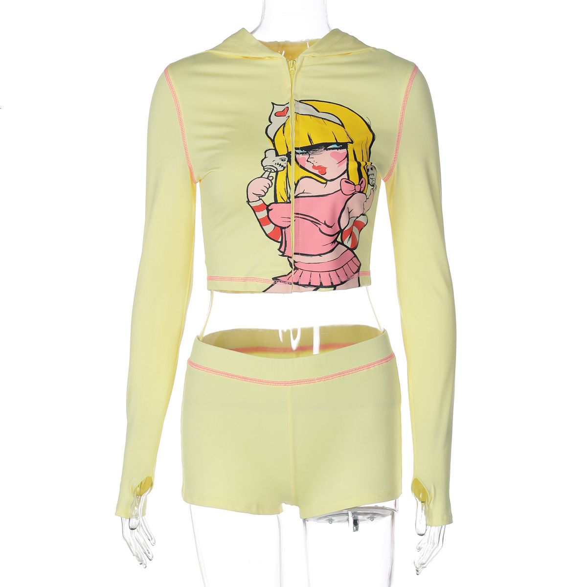 New Fashion Cartoon Print Casual Sports Style Hooded Long Sleeve Shorts Set