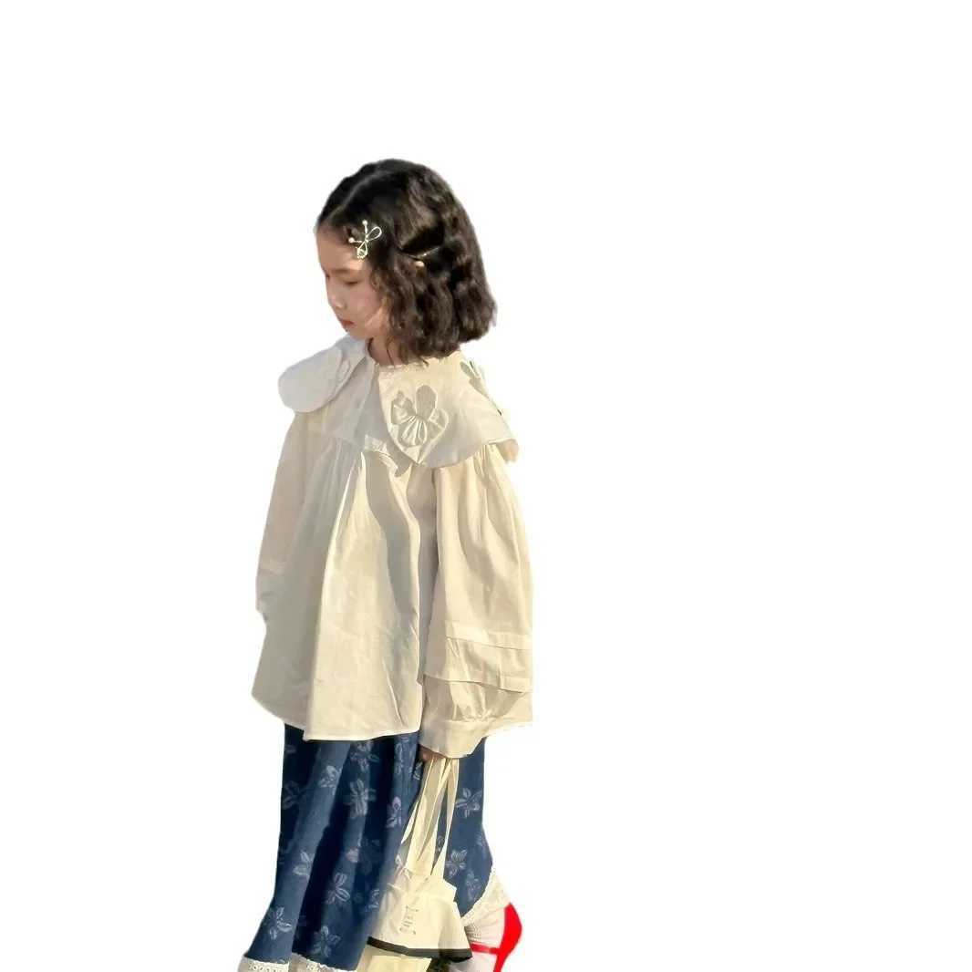 Childrens Shirt 2025 Spring New Girls Korean Fashion Solid Color Collar Flower Casual Loose Shirt Girls Clothes C251007