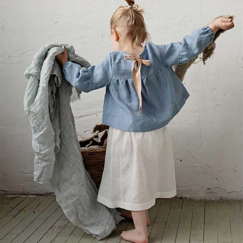Chic Back Bow Tie Linen Shirt Girls 2025 New Solid Color Casual Loose Baby Kids LongSleeved Blouse Autumn Clothes C251007