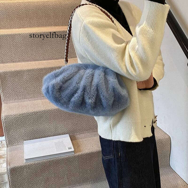MOODS Pleated Design Faux Fur Shoulder For Women 2024 Designer Purses And Handbags Winter Warm Soft Plush Hobo Bags