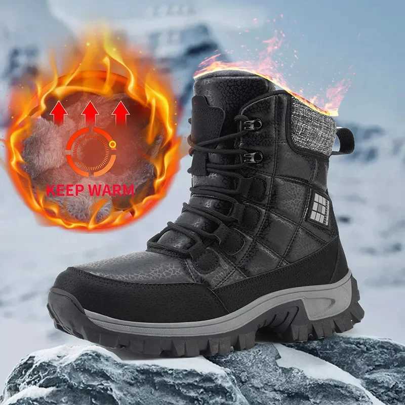 Mens Hiking Shoes Outdoor Mens Snow Warm Plush Boots Lace Up High Top Mens Waterproof Winter Ankle Boots AntiSlip J251007