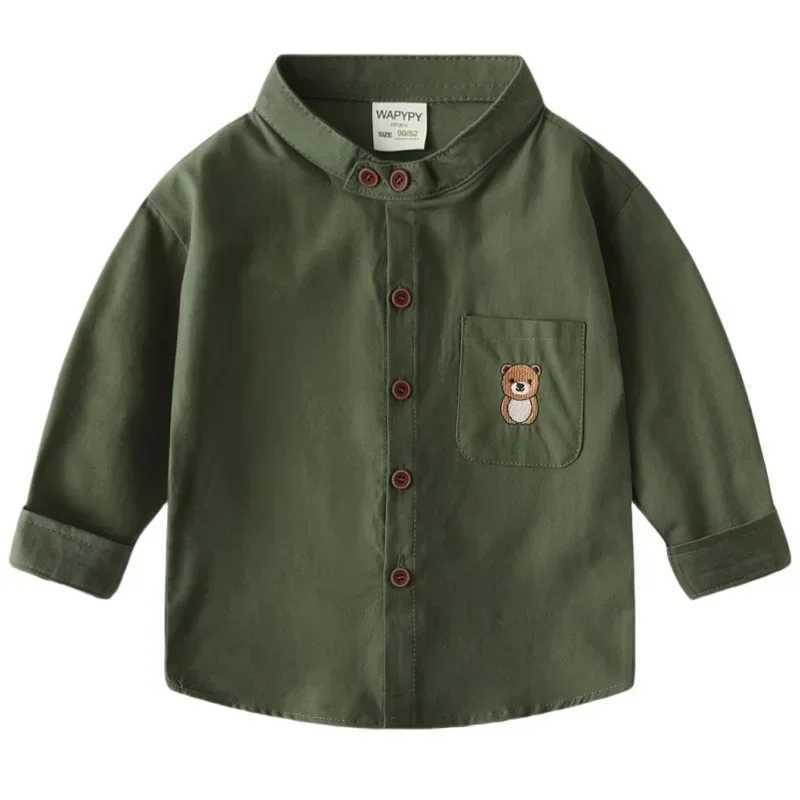 Boys Cartoon Bear Embroidery Long Sleeve Shirt New 2025 Spring Autumn Kids Stand Collar Shirts Tops Child Casual Clothing C251007