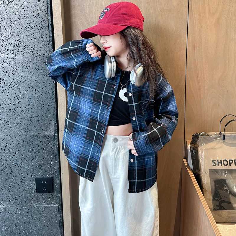 Elegant Kids Spring Autumn Blue Green Plaid Shirts For Girl Cotton Casual Long Sleeve Top School Blouses Clothing Children 514Y C251007