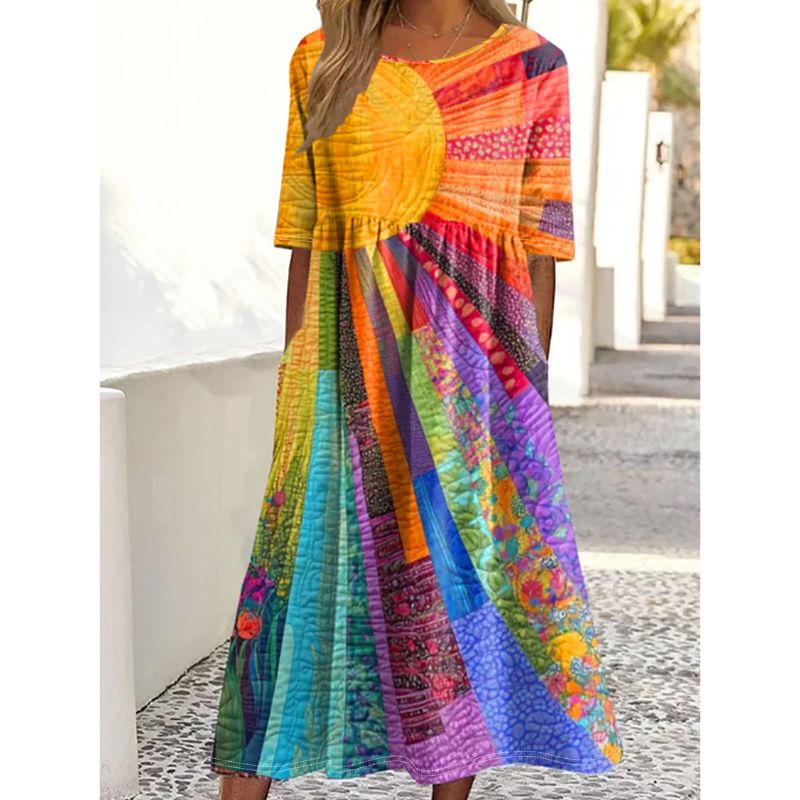 Casual Elegance: Lightweight Long Skirted Outfit Featuring Eye-catching Sunflowers for Warm Weather Events-CF50629