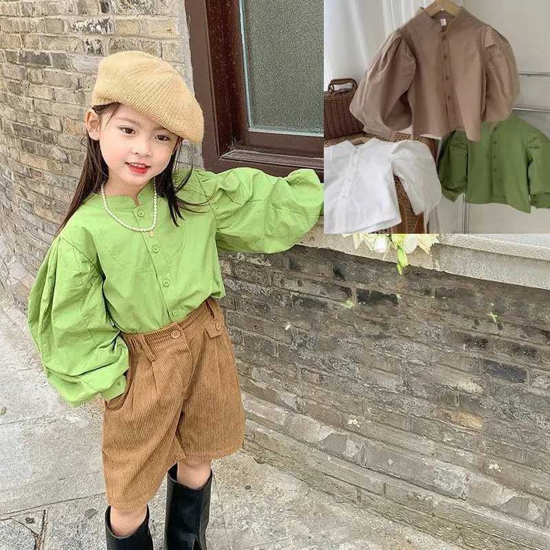 Girls Cotton Shirt Retro Bubble Sleeves Korean Fashion Long Sleeved Shirt Outerwear Baby Solid Shirt for Girls C251007