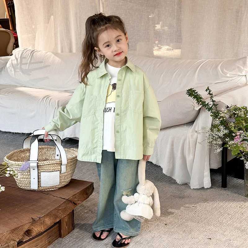 Children Clothing 2024 Spring New Children Fashion Versatile Shirt Boys and Girls Solid Color Lapel Shirt Jacket Simple C251007